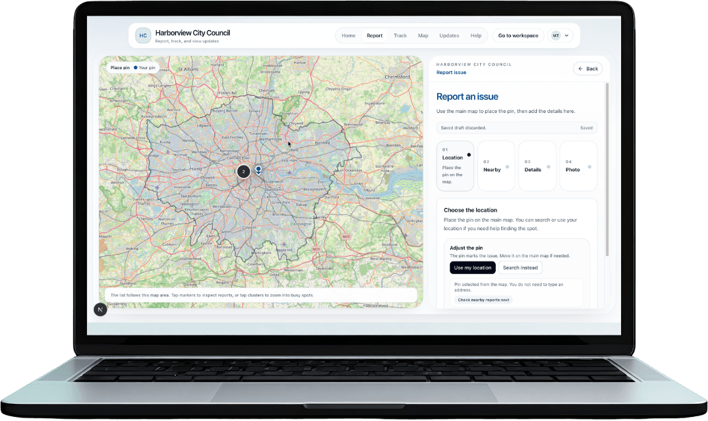 UrbanTrack map-first reporting interface